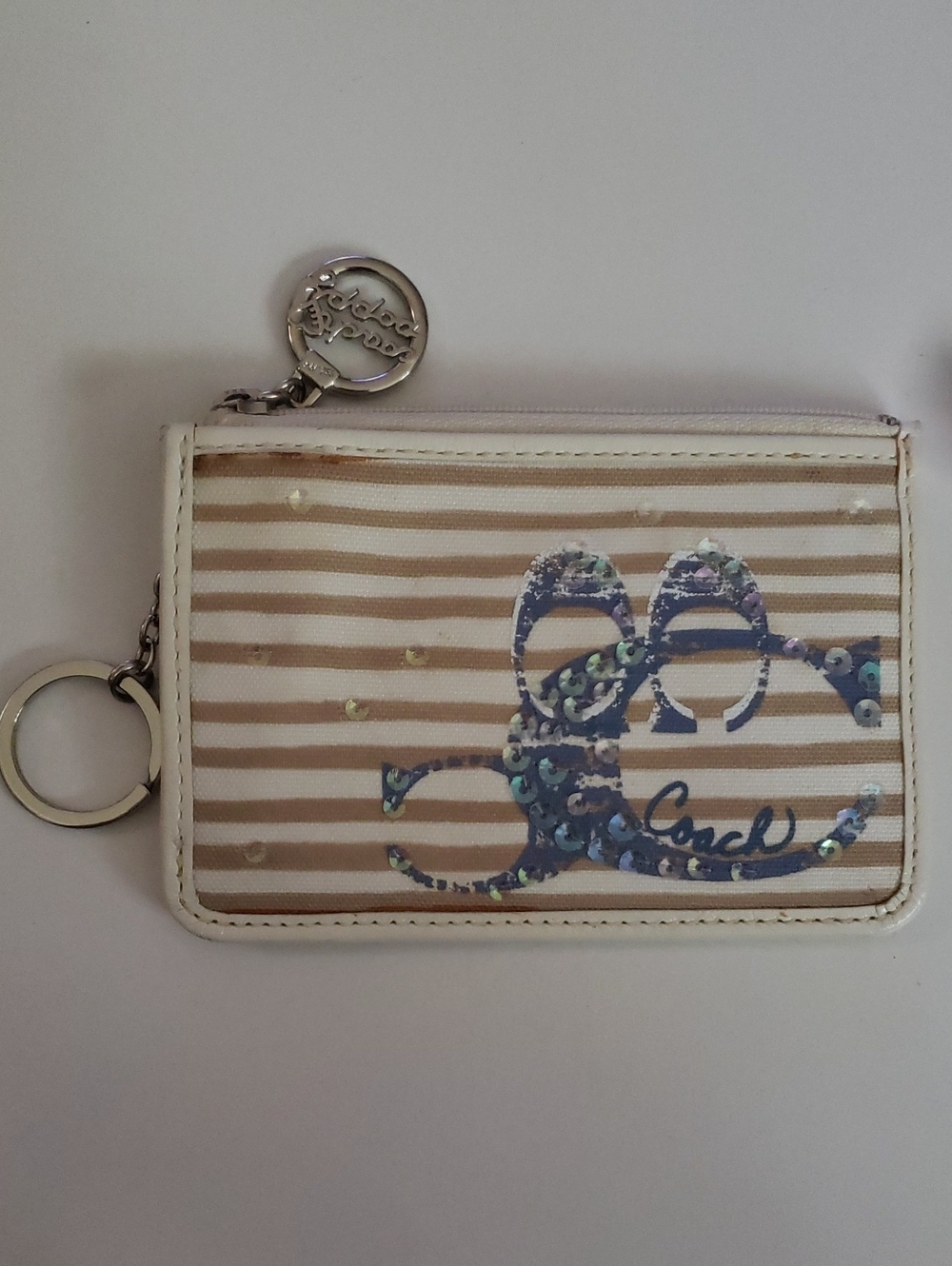 Coach Beige & White Striped Sequin Logo Card Holder with Key Ring